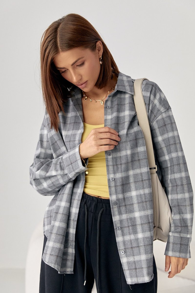 Клітчаста сорочка на гудзиках з опущеними проймами 230927 сірий