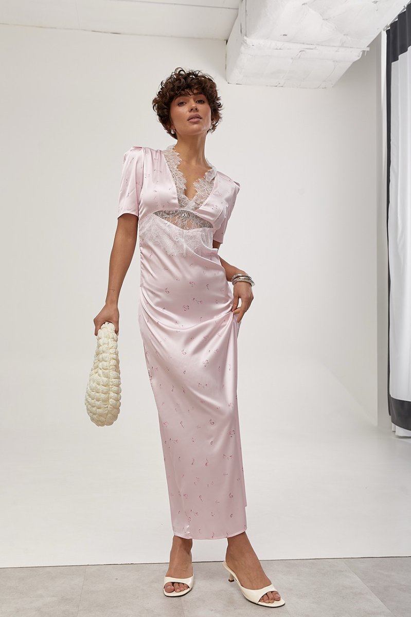 Атласна довга сукня з мереживом 30130 рожевий